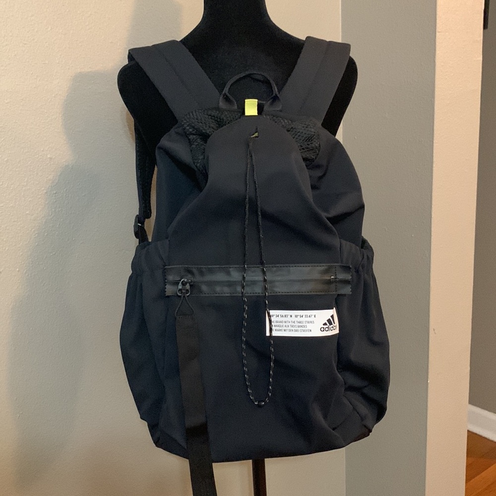 Black, Adidas neoprene, backpack, neon, green lining,  outer back zipper pocket